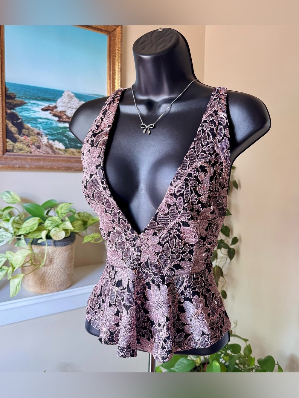 Privy Metallic Rose Gold Lace Deep V-Neck Peplum Halter Top